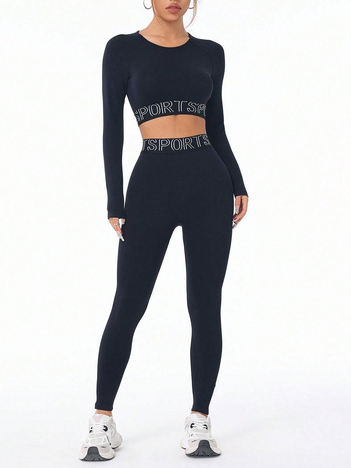 Letter Print Round Neck Long Sleeve Top and Leggings Active Set - Clothes For Her Online Store