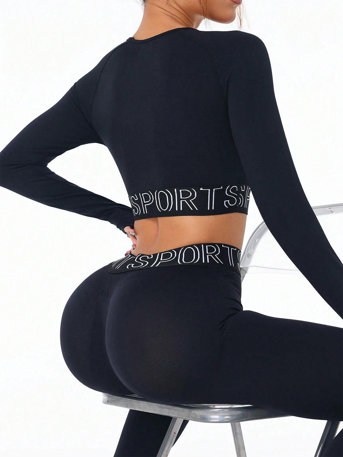 Letter Print Round Neck Long Sleeve Top and Leggings Active Set - Clothes For Her Online Store