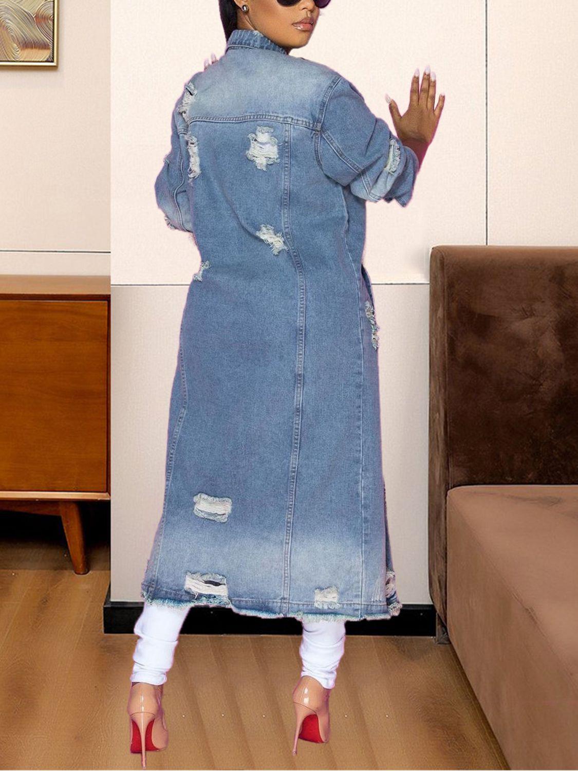 Long Sleeve Raw Hem Denim Jacket - Clothes For Her Online Store