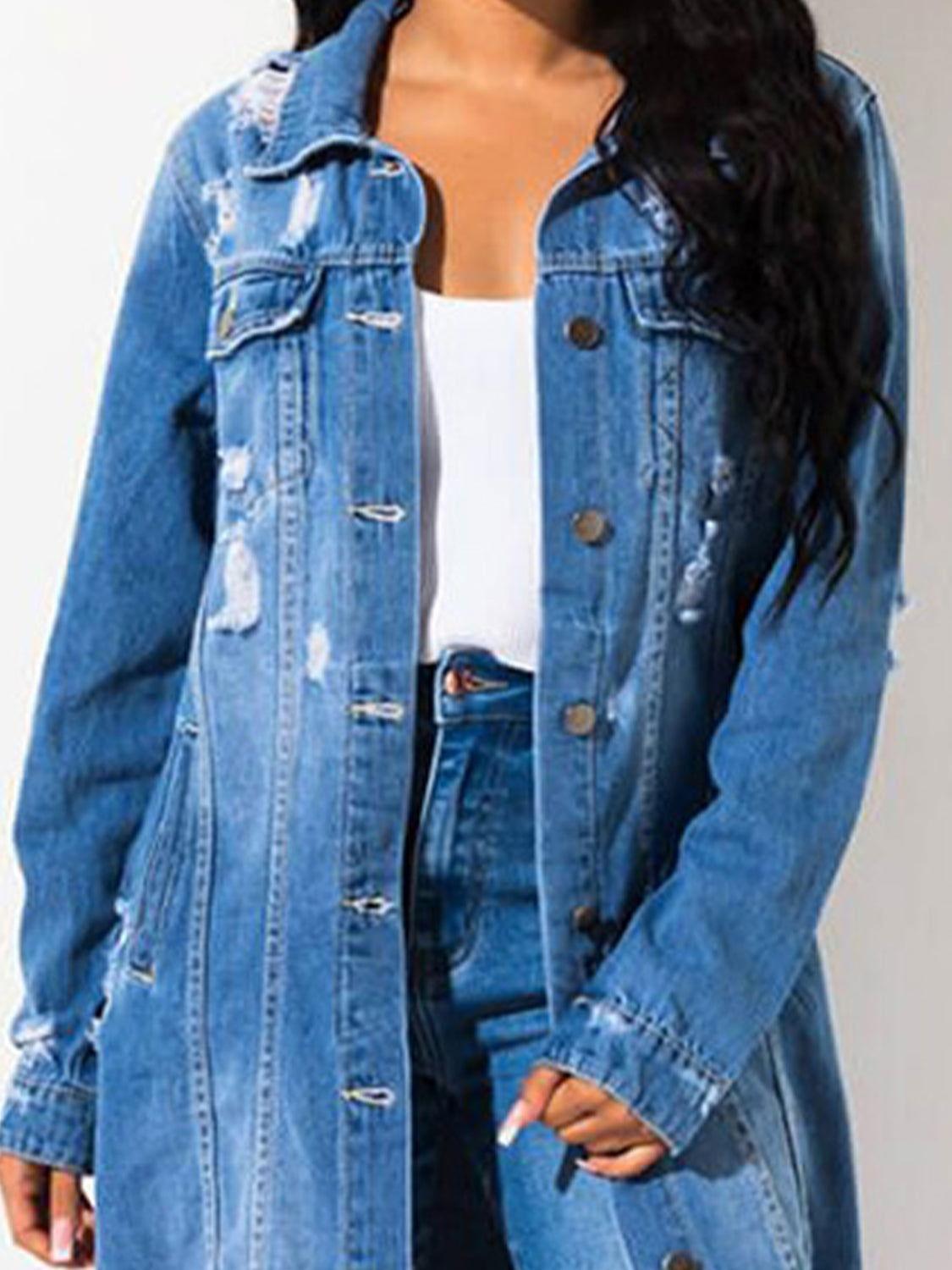 Long Sleeve Raw Hem Denim Jacket - Clothes For Her Online Store