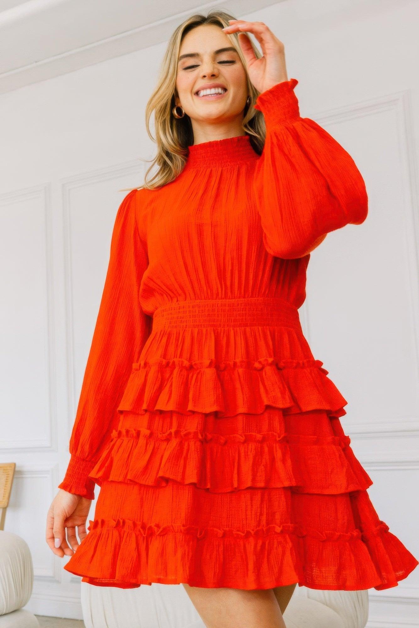 Long Sleeve Smocked Neck Tiered Ruffle Mini Dress - Clothes For Her Online Store