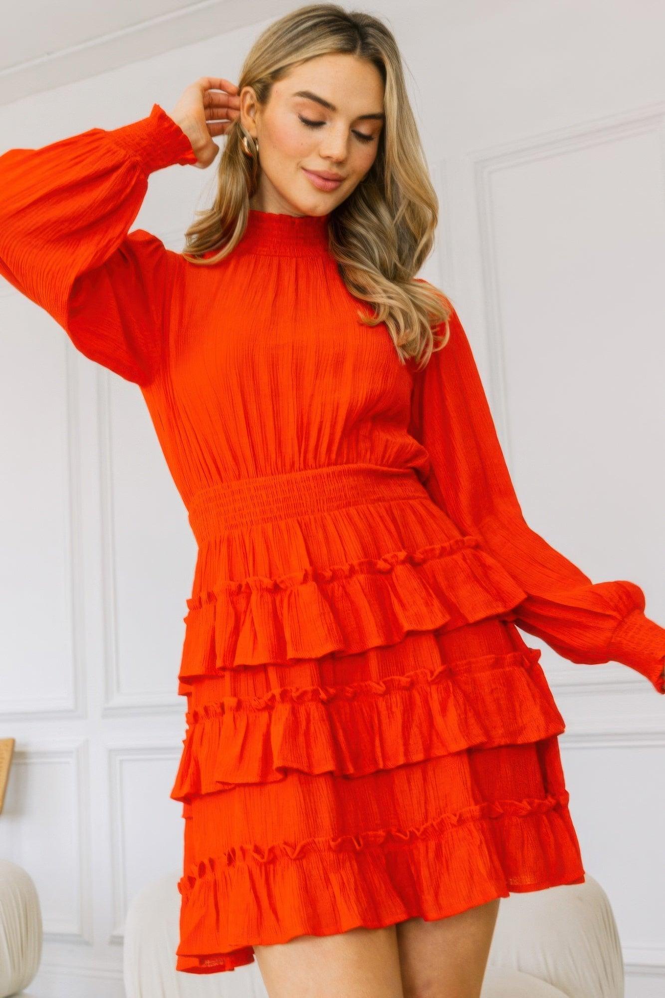 Long Sleeve Smocked Neck Tiered Ruffle Mini Dress - Clothes For Her Online Store