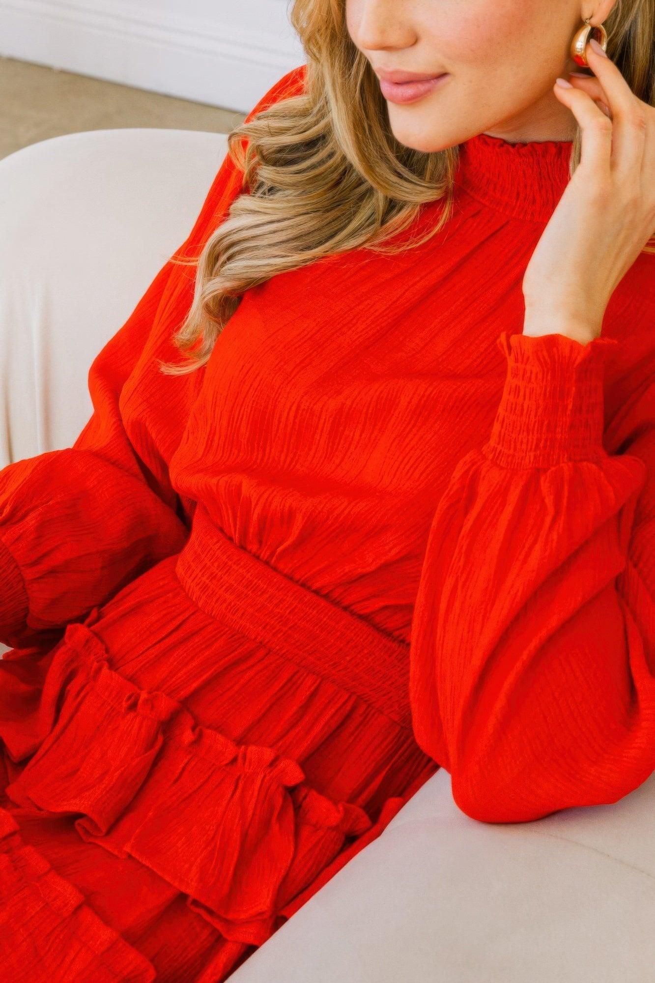 Long Sleeve Smocked Neck Tiered Ruffle Mini Dress - Clothes For Her Online Store