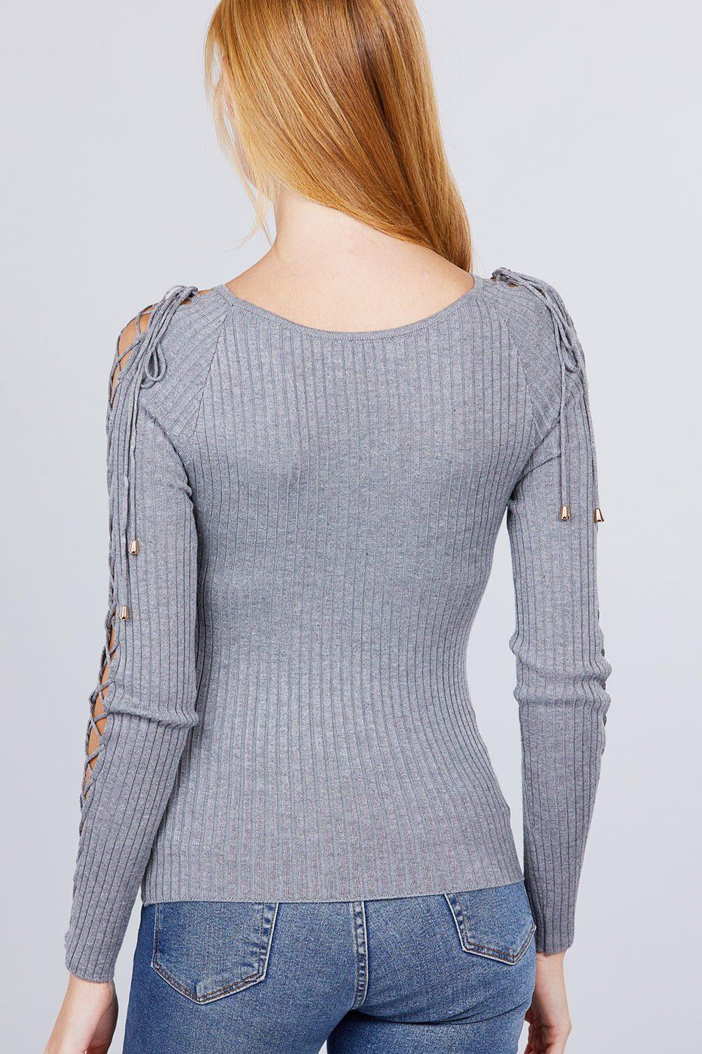 Long Sleeve W/strappy Detail Round Neck Rib Sweater Top - Clothes For Her Online Store