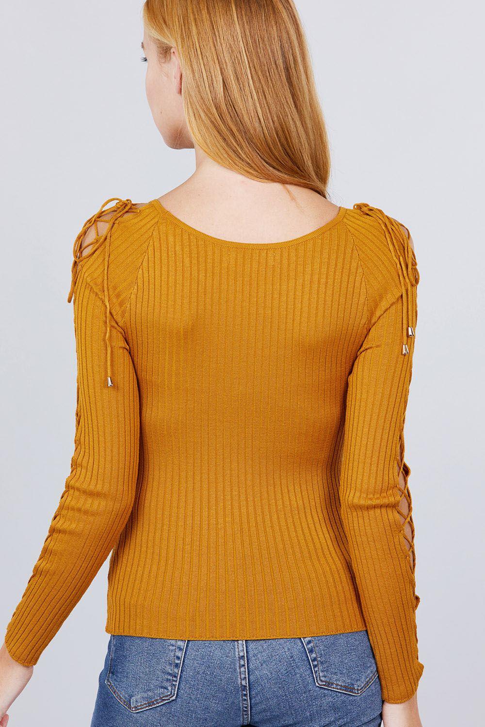 Long Sleeve W/strappy Detail Round Neck Rib Sweater Top - Clothes For Her Online Store