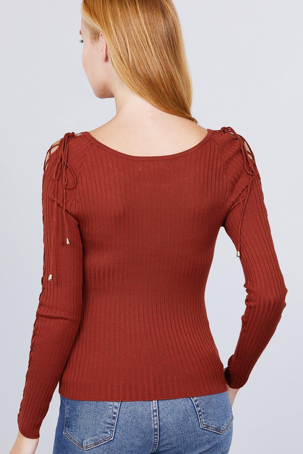 Long Sleeve W/strappy Detail Round Neck Rib Sweater Top - Clothes For Her Online Store