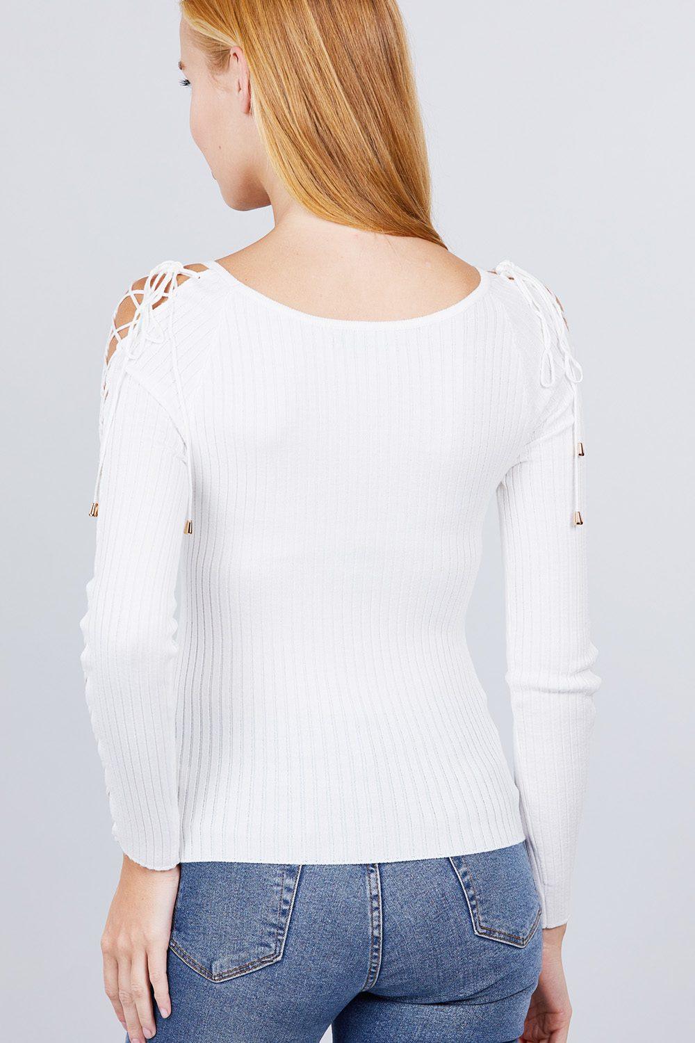 Long Sleeve W/strappy Detail Round Neck Rib Sweater Top - Clothes For Her Online Store