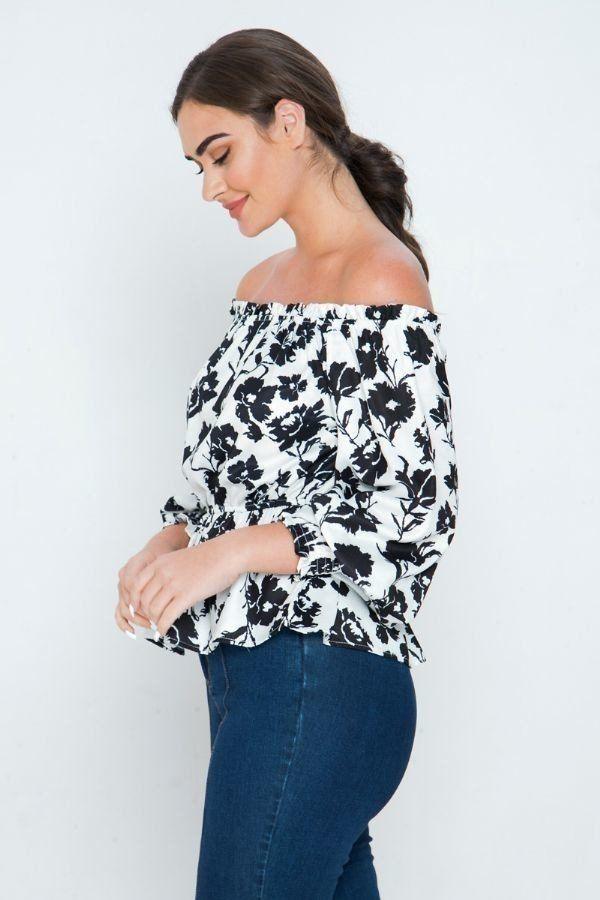 Long Sleeves Off Shoulder Neckline Printed Shirt - Clothes For Her Online Store