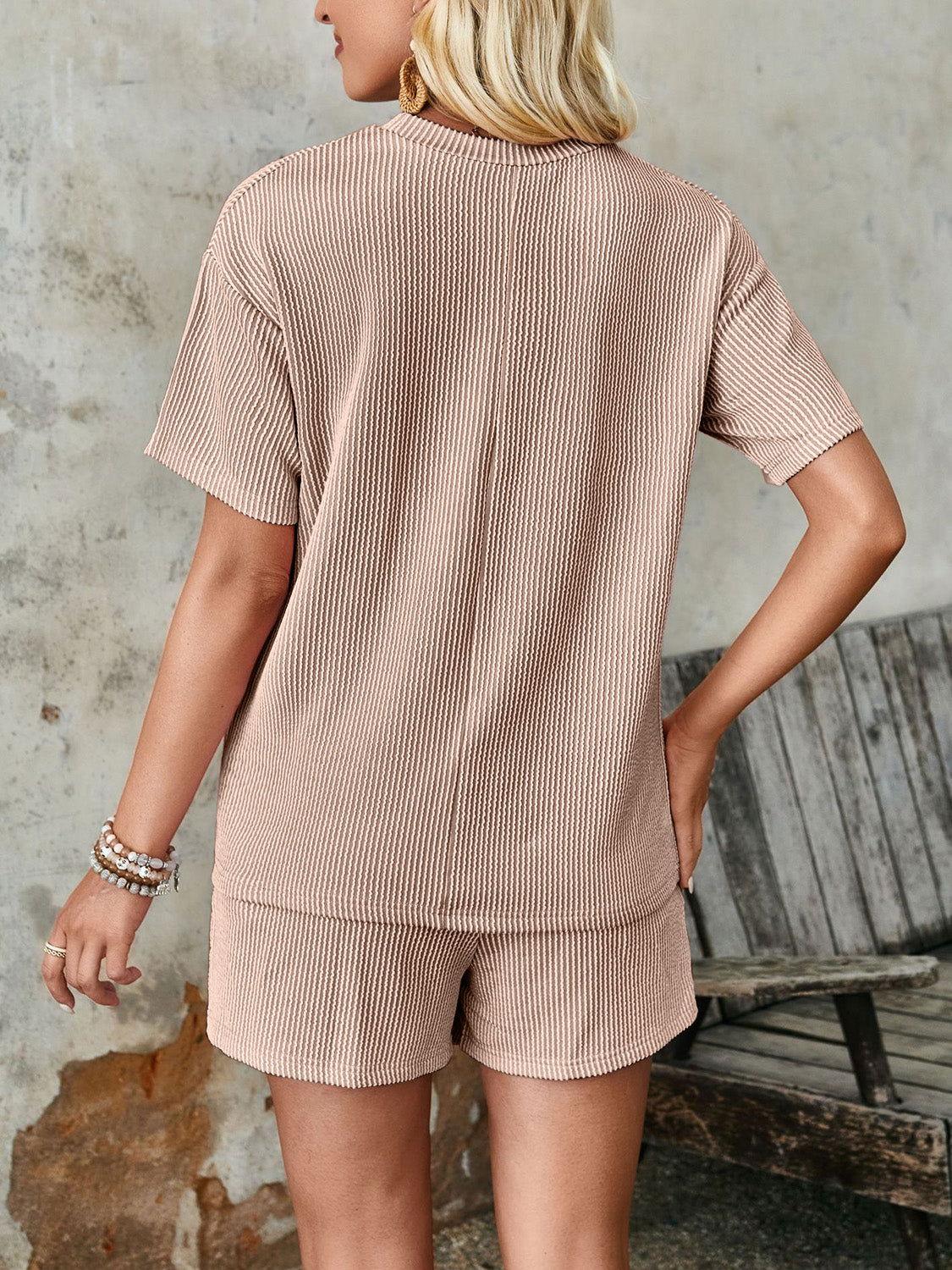 Lovelet Textured Round Neck Short Sleeve Top and Shorts Set - Clothes For Her Online Store