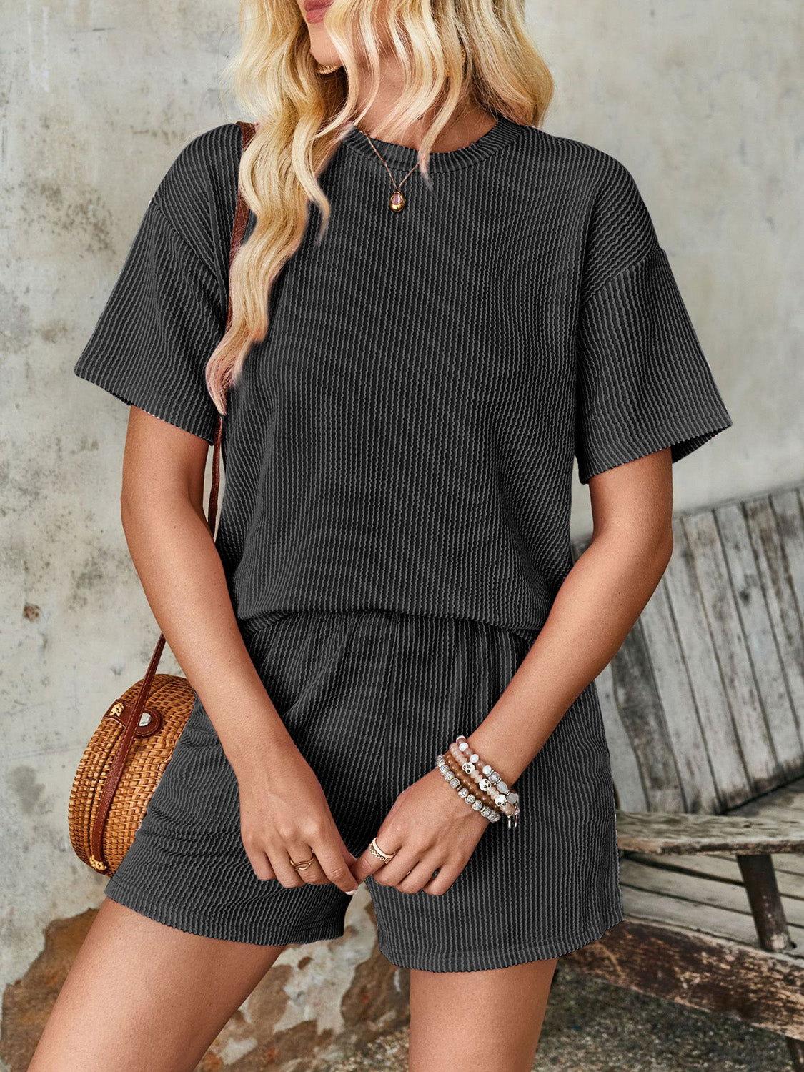 Lovelet Textured Round Neck Short Sleeve Top and Shorts Set - Clothes For Her Online Store
