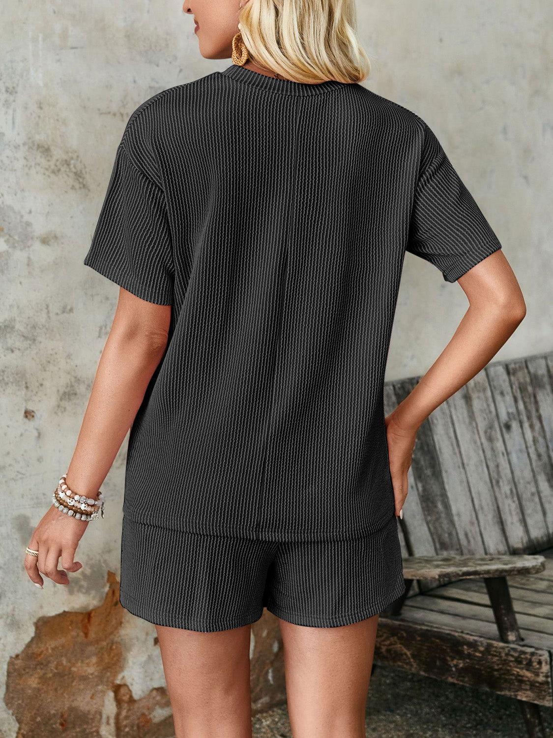 Lovelet Textured Round Neck Short Sleeve Top and Shorts Set - Clothes For Her Online Store