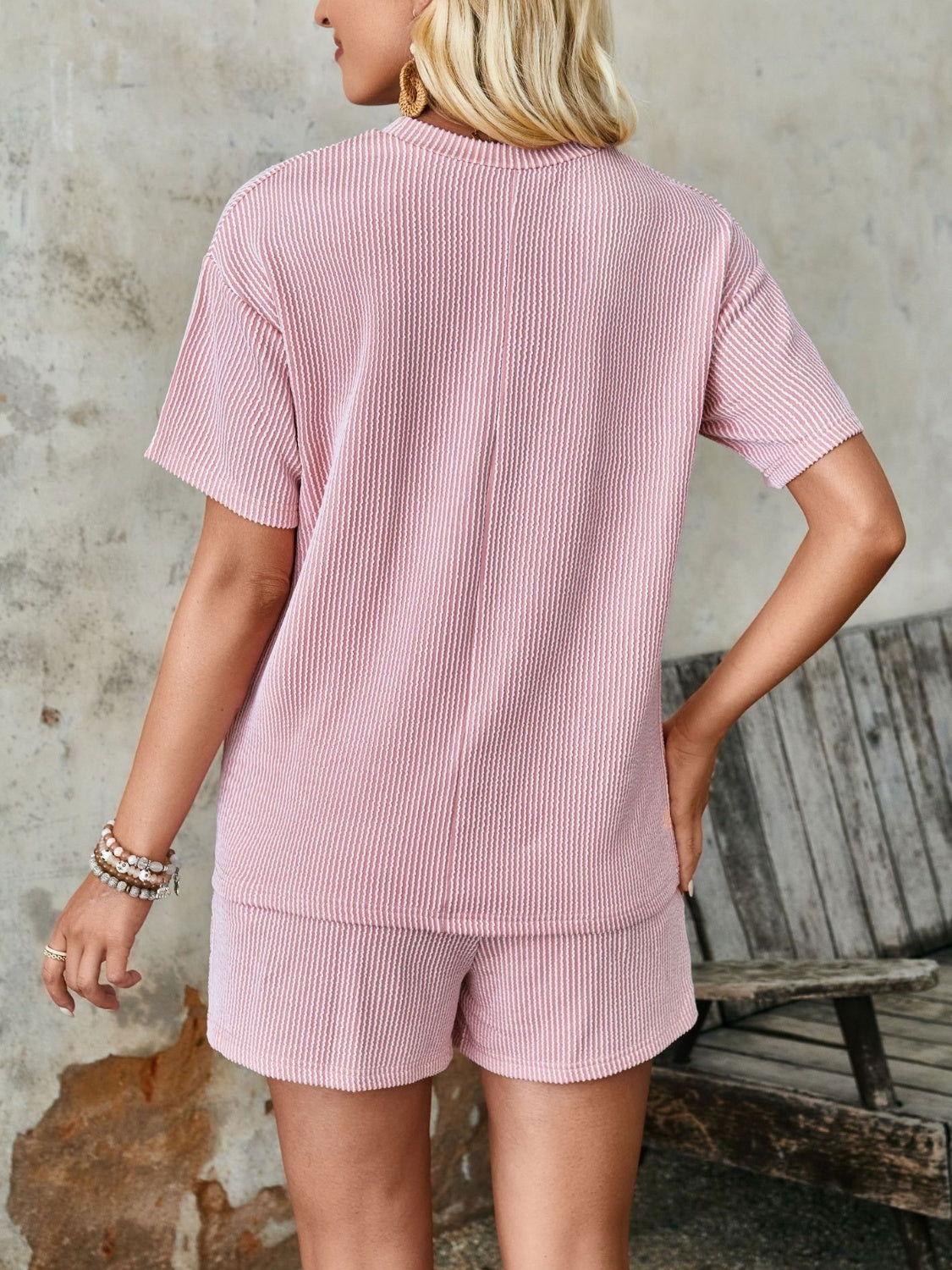 Lovelet Textured Round Neck Short Sleeve Top and Shorts Set - Clothes For Her Online Store