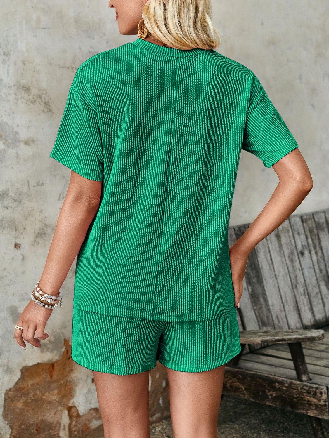 Lovelet Textured Round Neck Short Sleeve Top and Shorts Set - Clothes For Her Online Store