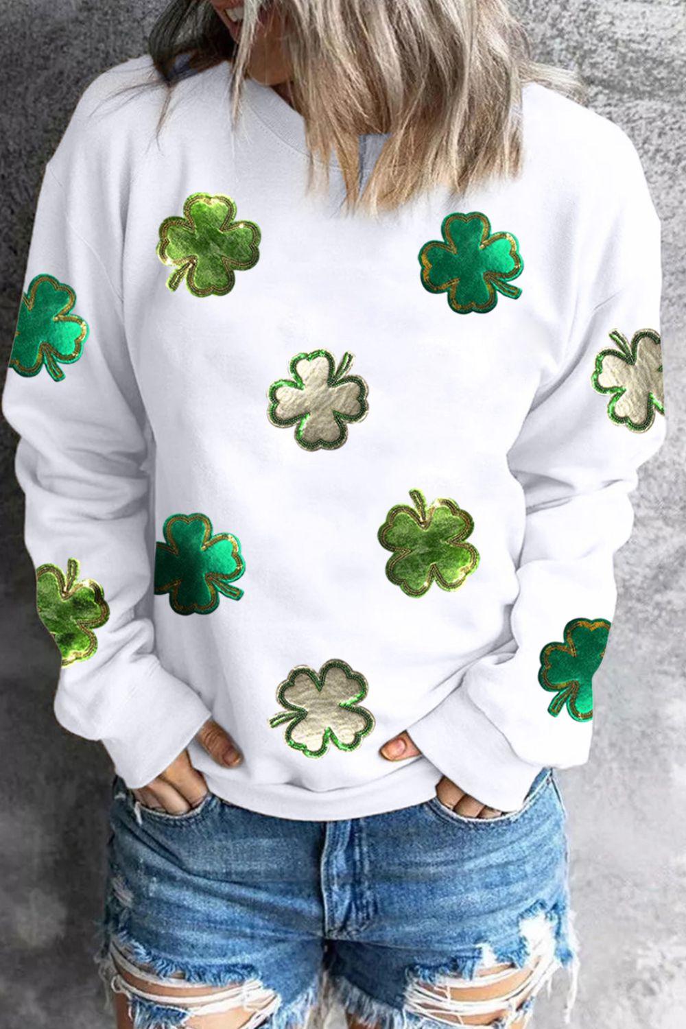 Lucky Clover Round Neck Long Sleeve Sweatshirt - Clothes For Her Online Store
