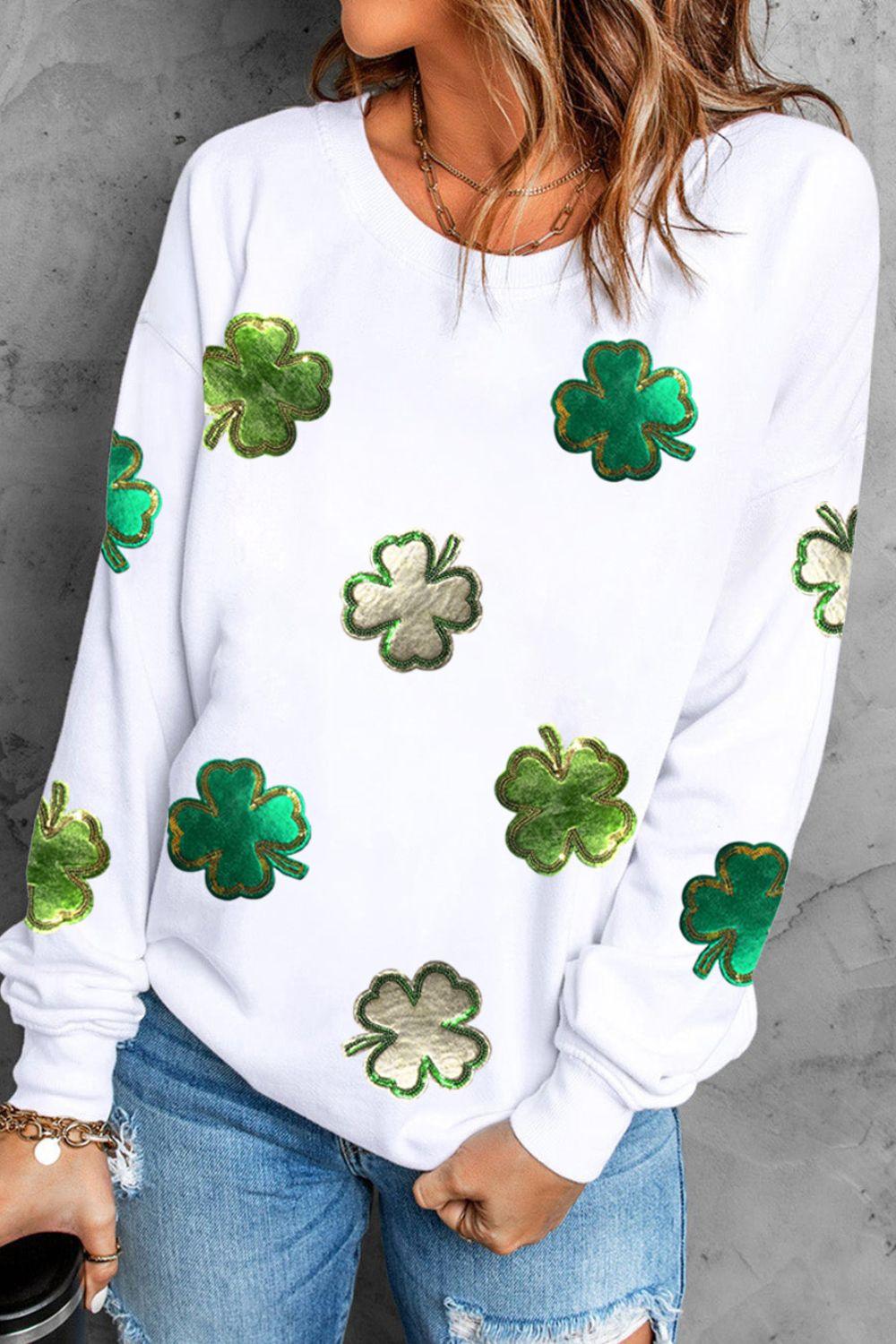 Lucky Clover Round Neck Long Sleeve Sweatshirt - Clothes For Her Online Store
