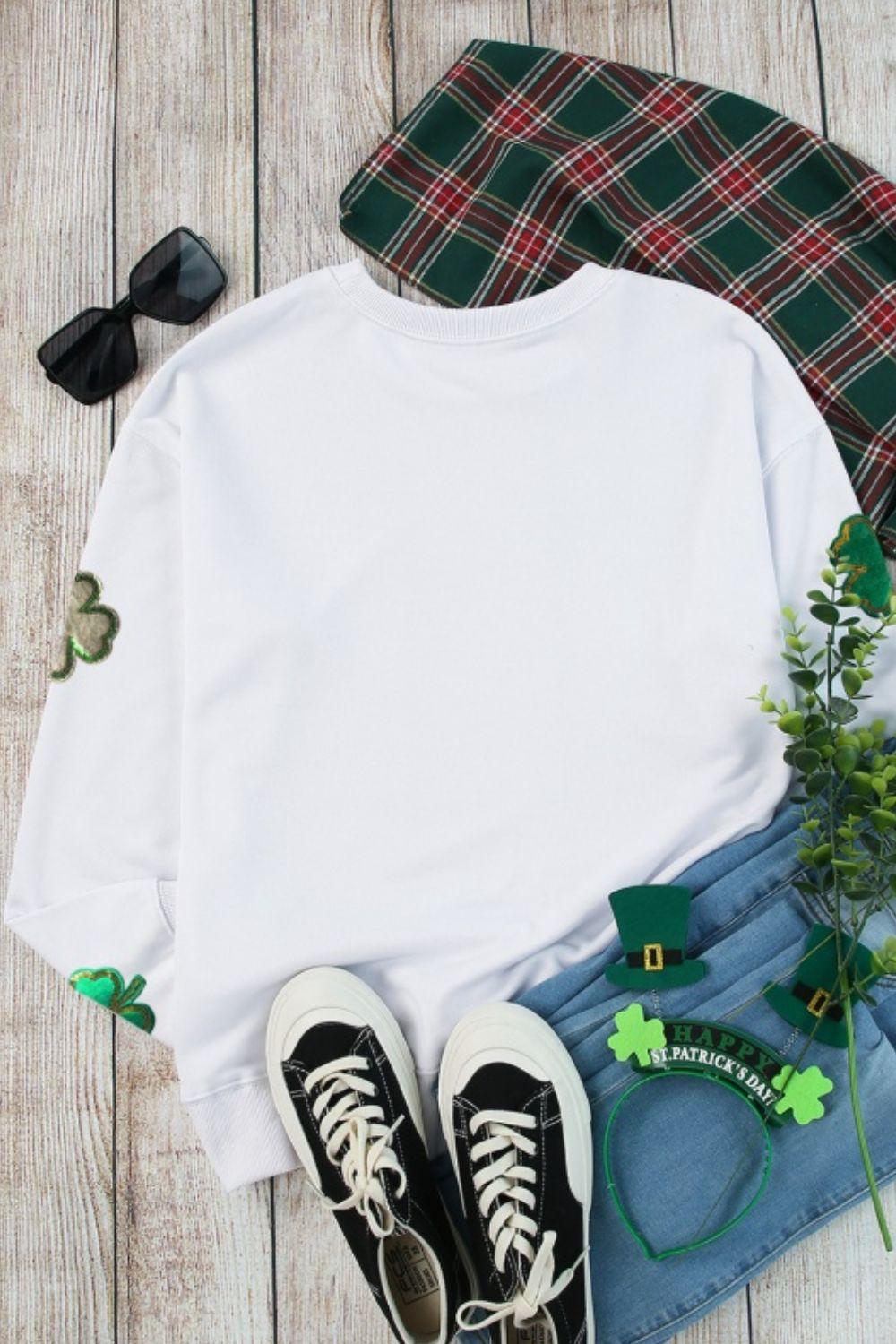 Lucky Clover Round Neck Long Sleeve Sweatshirt - Clothes For Her Online Store