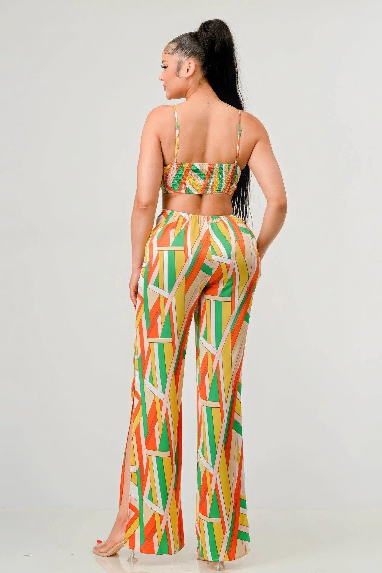 Luxe geo print satin bra top and palazzo jumpsuit - Clothes For Her Online Store