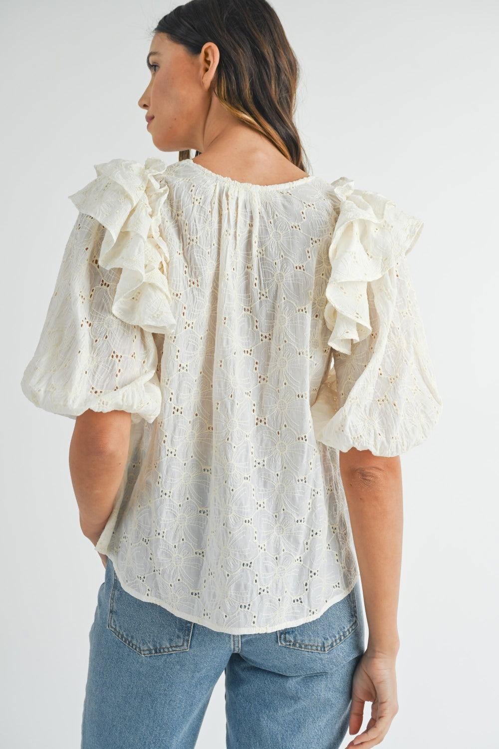 MABLE Eyelet Lace Ruffle Shoulder Puff Sleeve Blouse - Clothes For Her Online Store