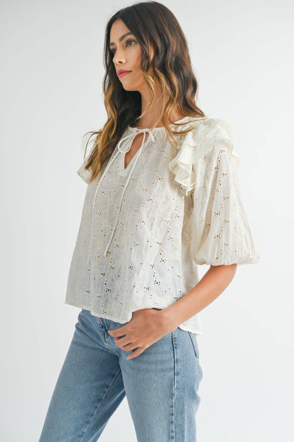 MABLE Eyelet Lace Ruffle Shoulder Puff Sleeve Blouse - Clothes For Her Online Store