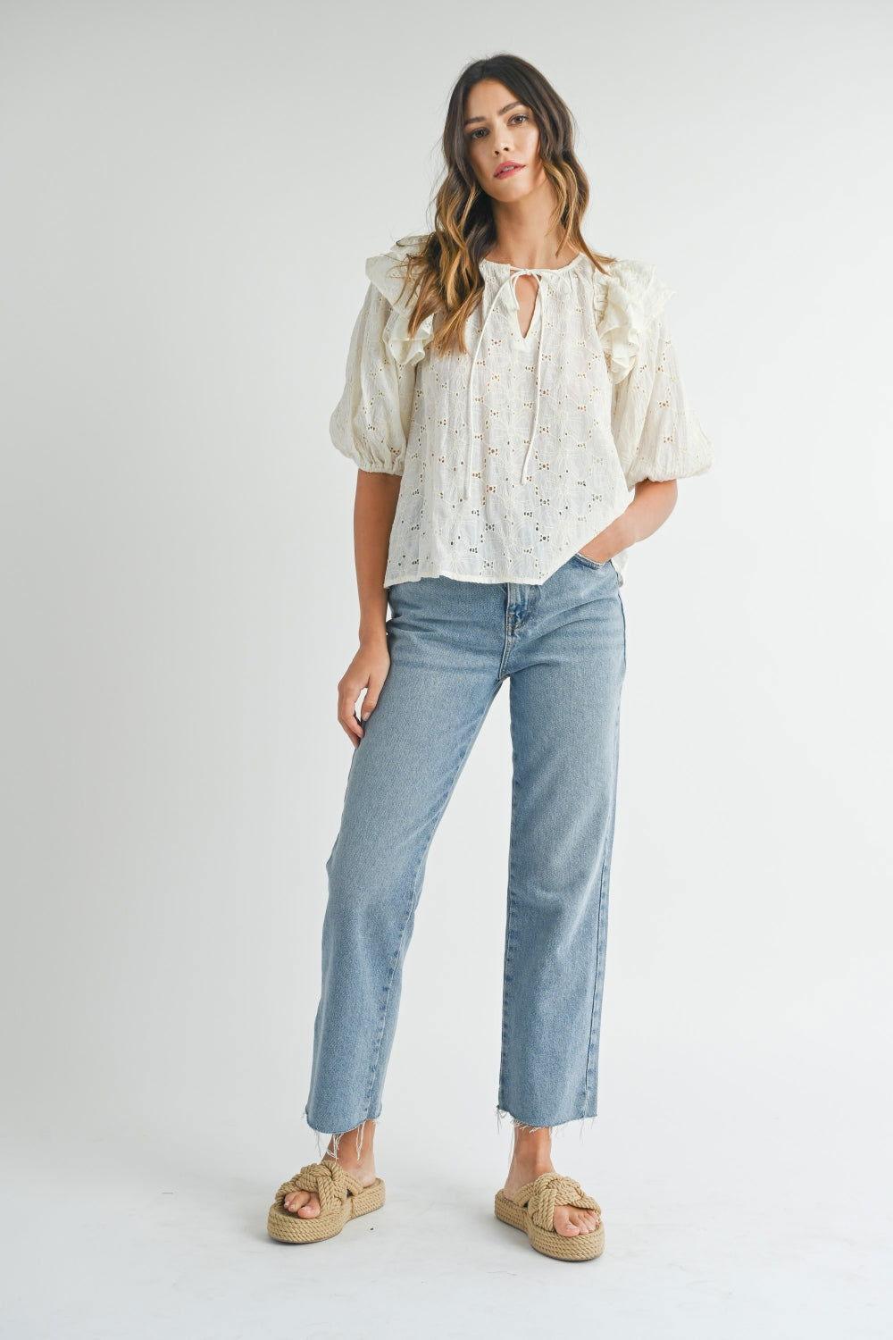 MABLE Eyelet Lace Ruffle Shoulder Puff Sleeve Blouse - Clothes For Her Online Store