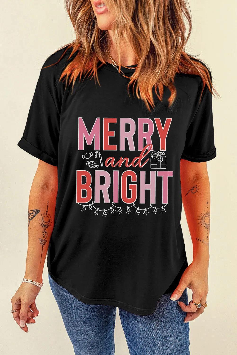 MERRY AND BRIGHT Round Neck Short Sleeve T-Shirt - Clothes For Her Online Store