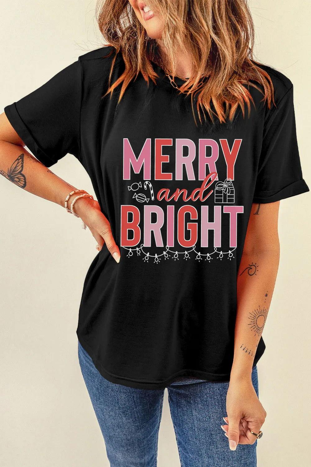 MERRY AND BRIGHT Round Neck Short Sleeve T-Shirt - Clothes For Her Online Store