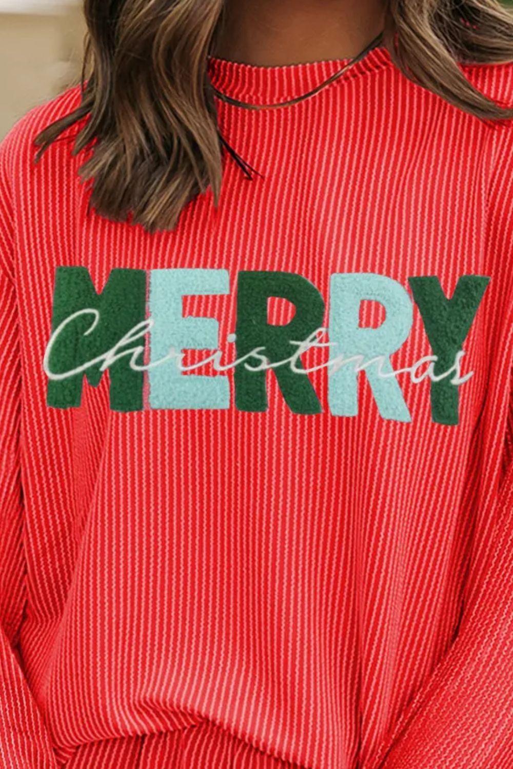 MERRY CHRISTMAS Round Neck Long Sleeve Top and Shorts Set - Clothes For Her Online Store
