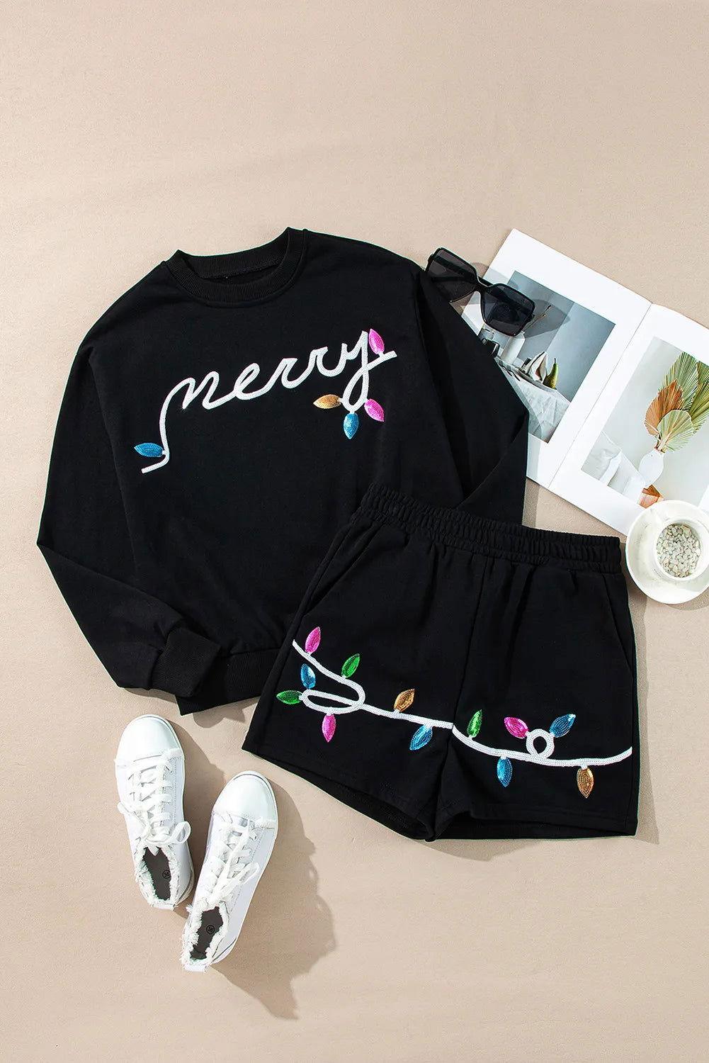 MERRY Sequin Round Neck Long Sleeve Top and Shorts Set - Clothes For Her Online Store