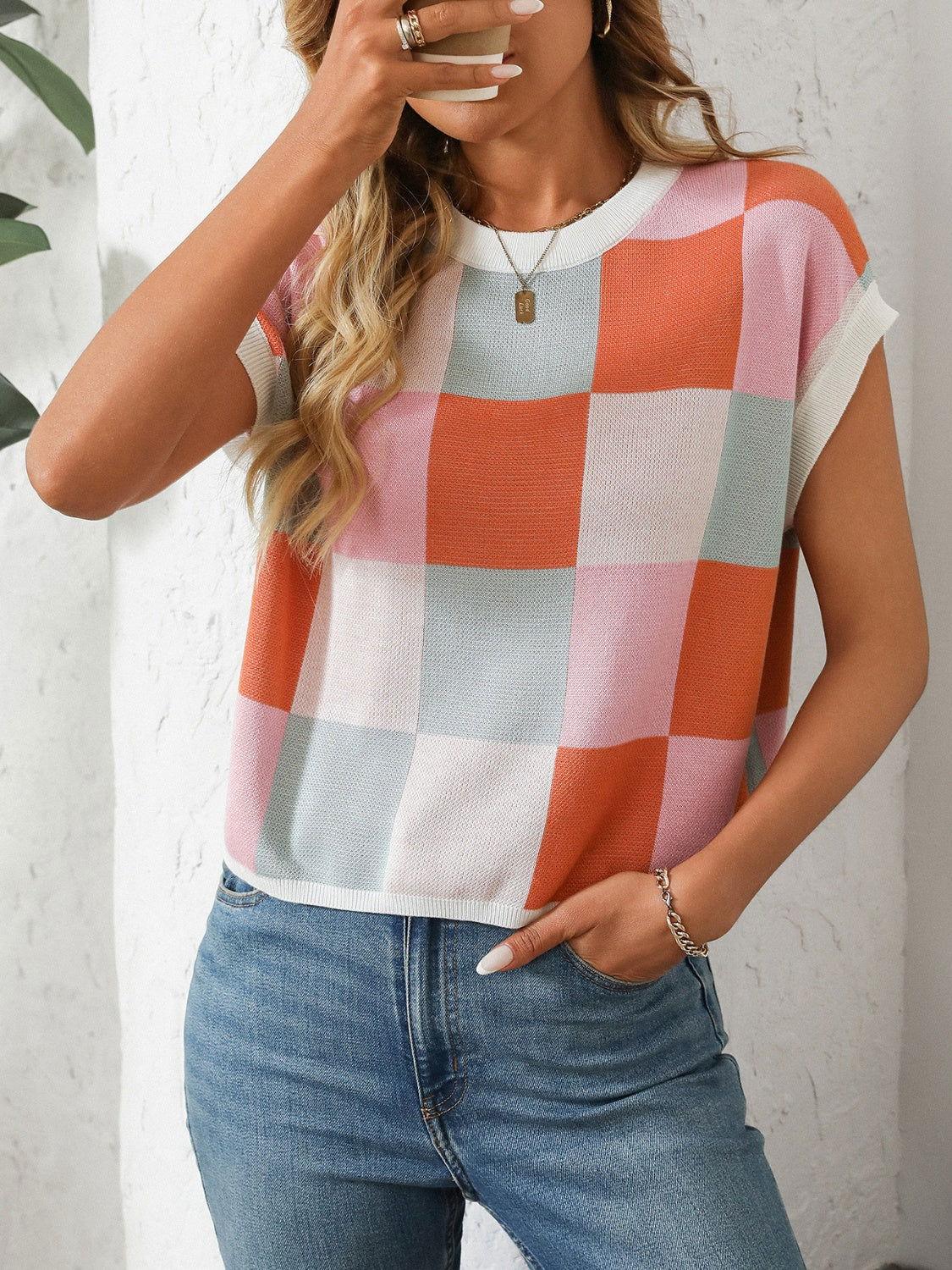 Mandy Checkered Round Neck Cap Sleeve Knit Top - Clothes For Her Online Store
