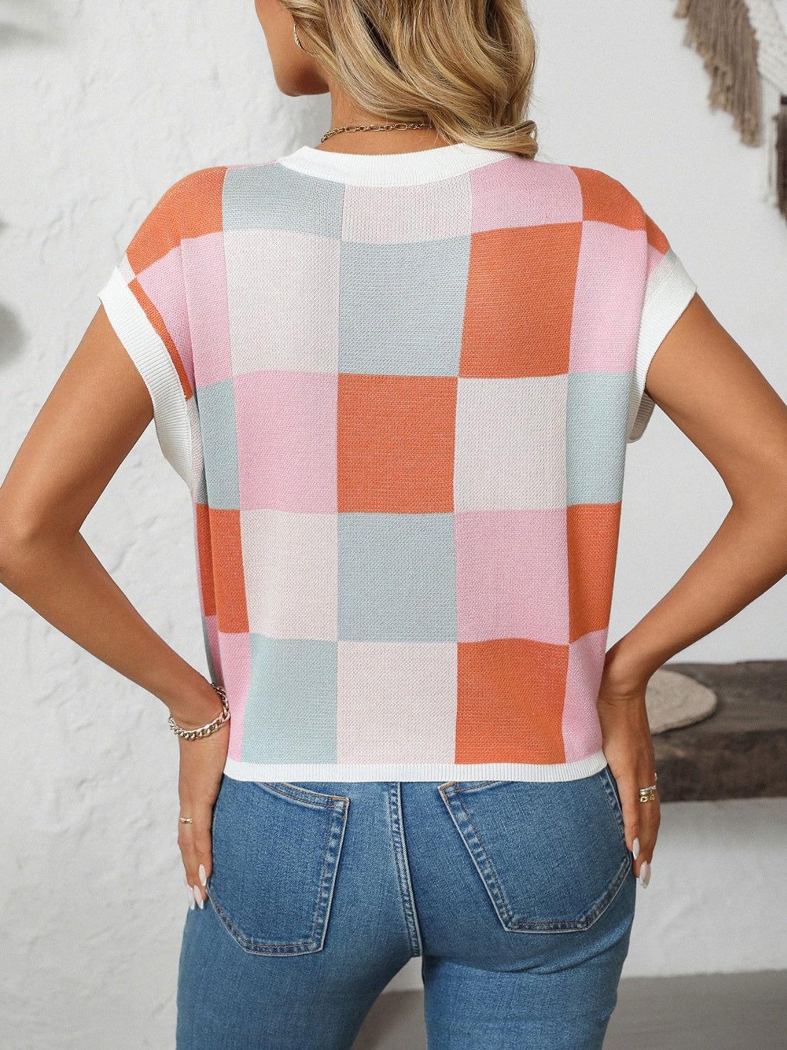 Mandy Checkered Round Neck Cap Sleeve Knit Top - Clothes For Her Online Store