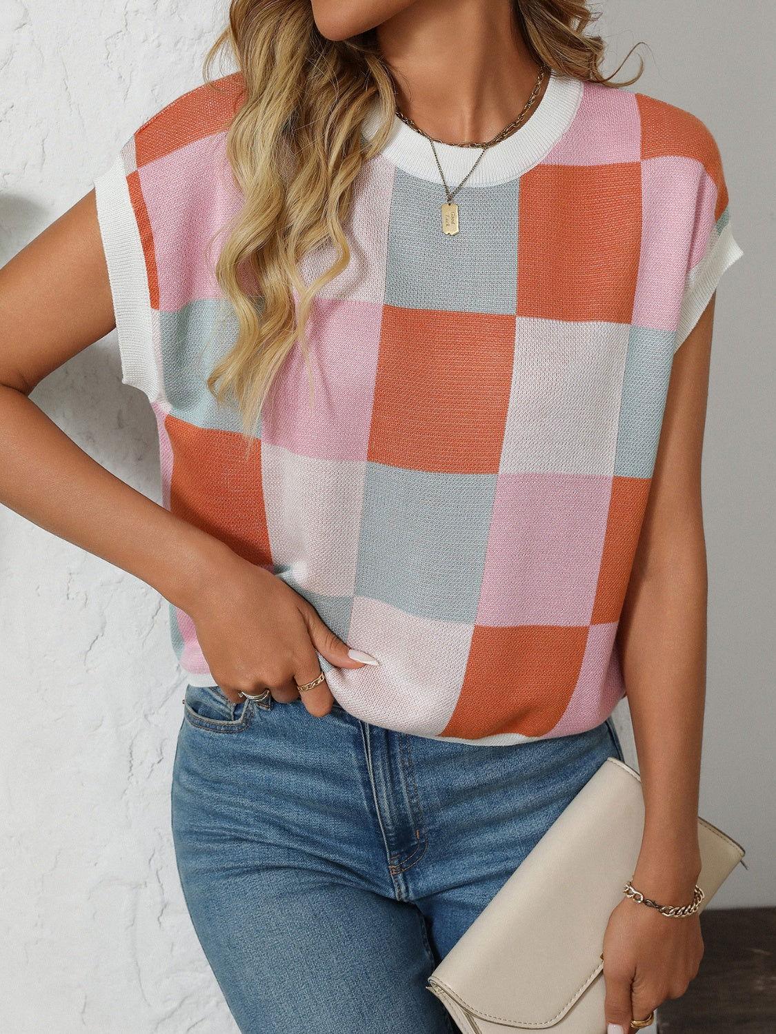 Mandy Checkered Round Neck Cap Sleeve Knit Top - Clothes For Her Online Store