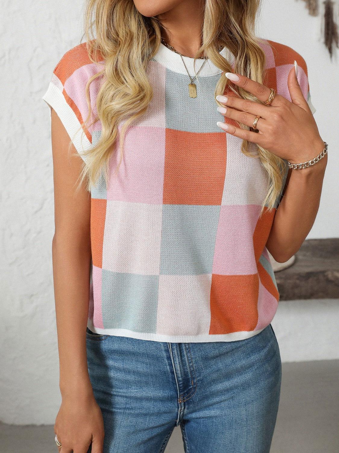 Mandy Checkered Round Neck Cap Sleeve Knit Top - Clothes For Her Online Store