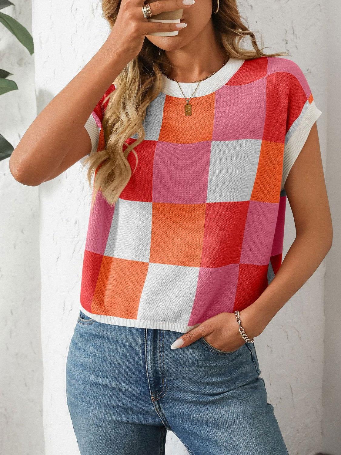 Mandy Checkered Round Neck Cap Sleeve Knit Top - Clothes For Her Online Store