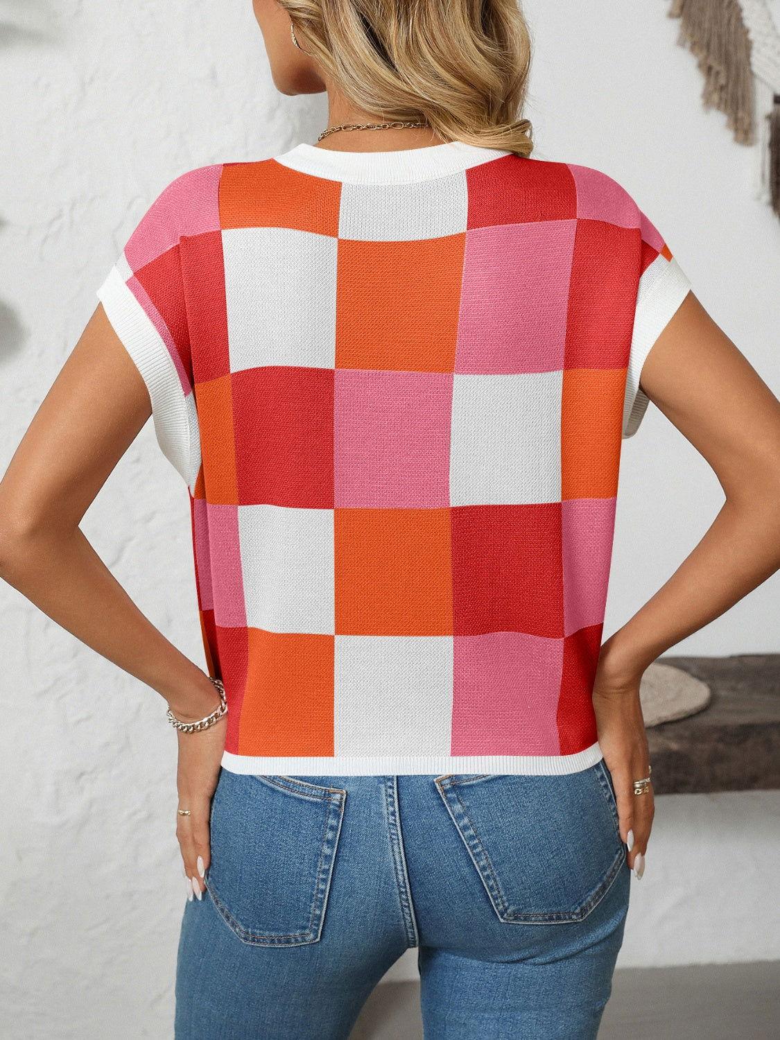 Mandy Checkered Round Neck Cap Sleeve Knit Top - Clothes For Her Online Store