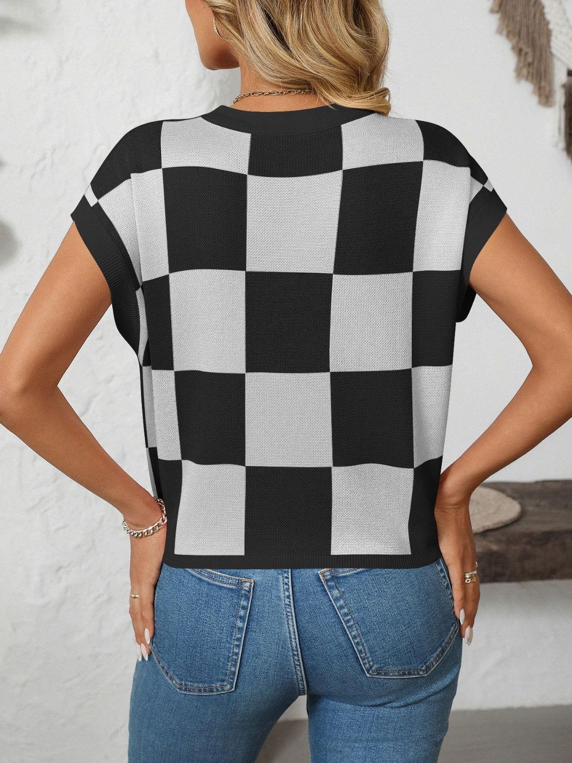 Mandy Checkered Round Neck Cap Sleeve Knit Top - Clothes For Her Online Store