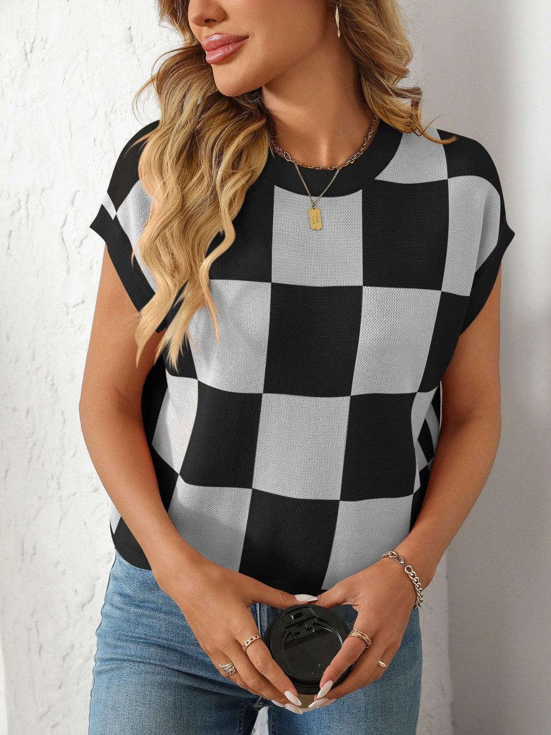 Mandy Checkered Round Neck Cap Sleeve Knit Top - Clothes For Her Online Store