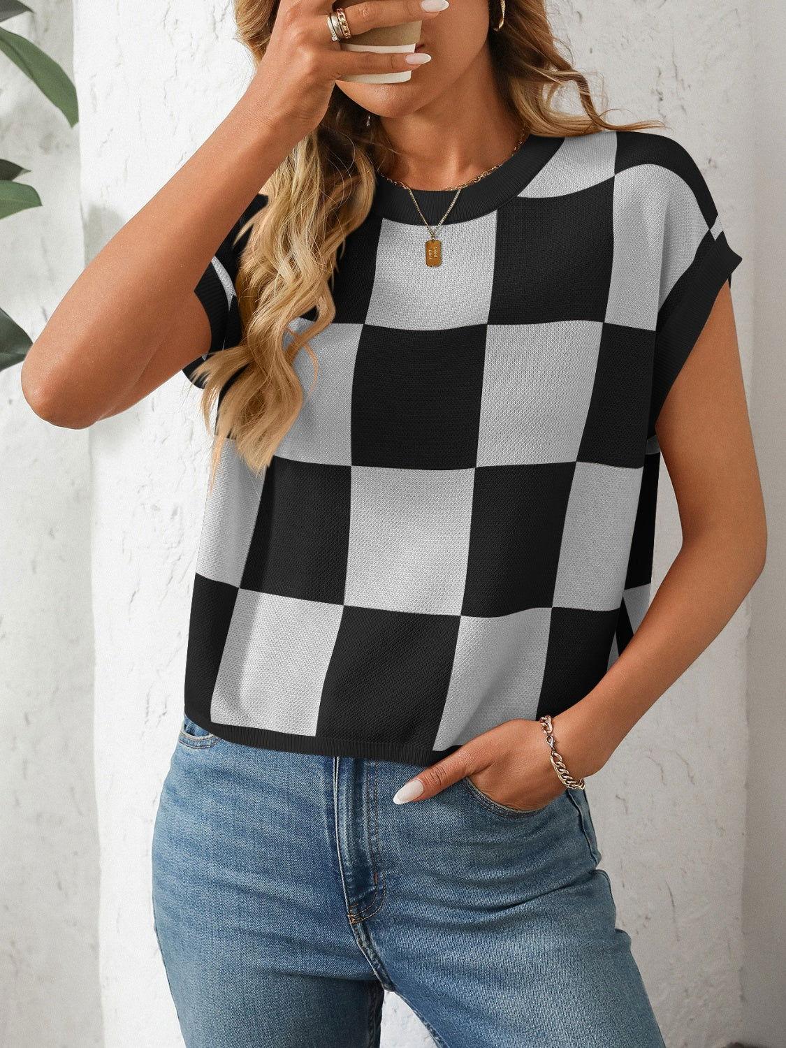 Mandy Checkered Round Neck Cap Sleeve Knit Top - Clothes For Her Online Store