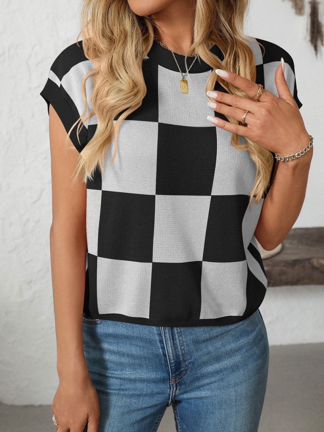 Mandy Checkered Round Neck Cap Sleeve Knit Top - Clothes For Her Online Store