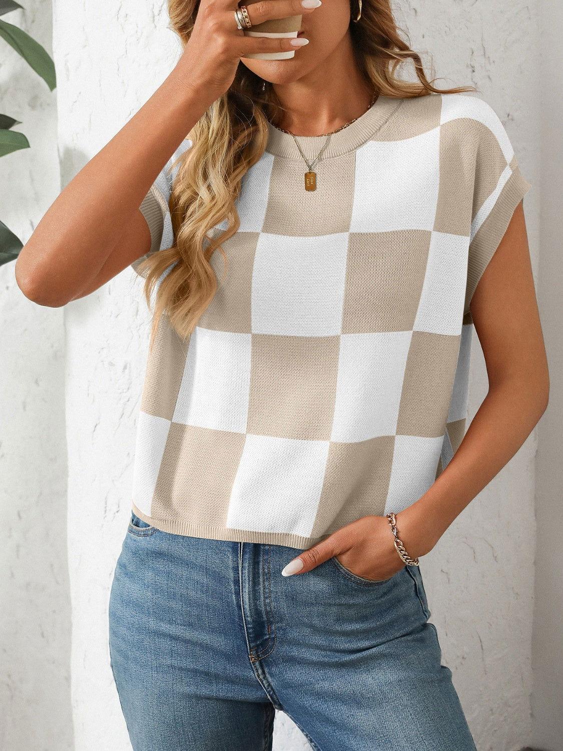 Mandy Checkered Round Neck Cap Sleeve Knit Top - Clothes For Her Online Store