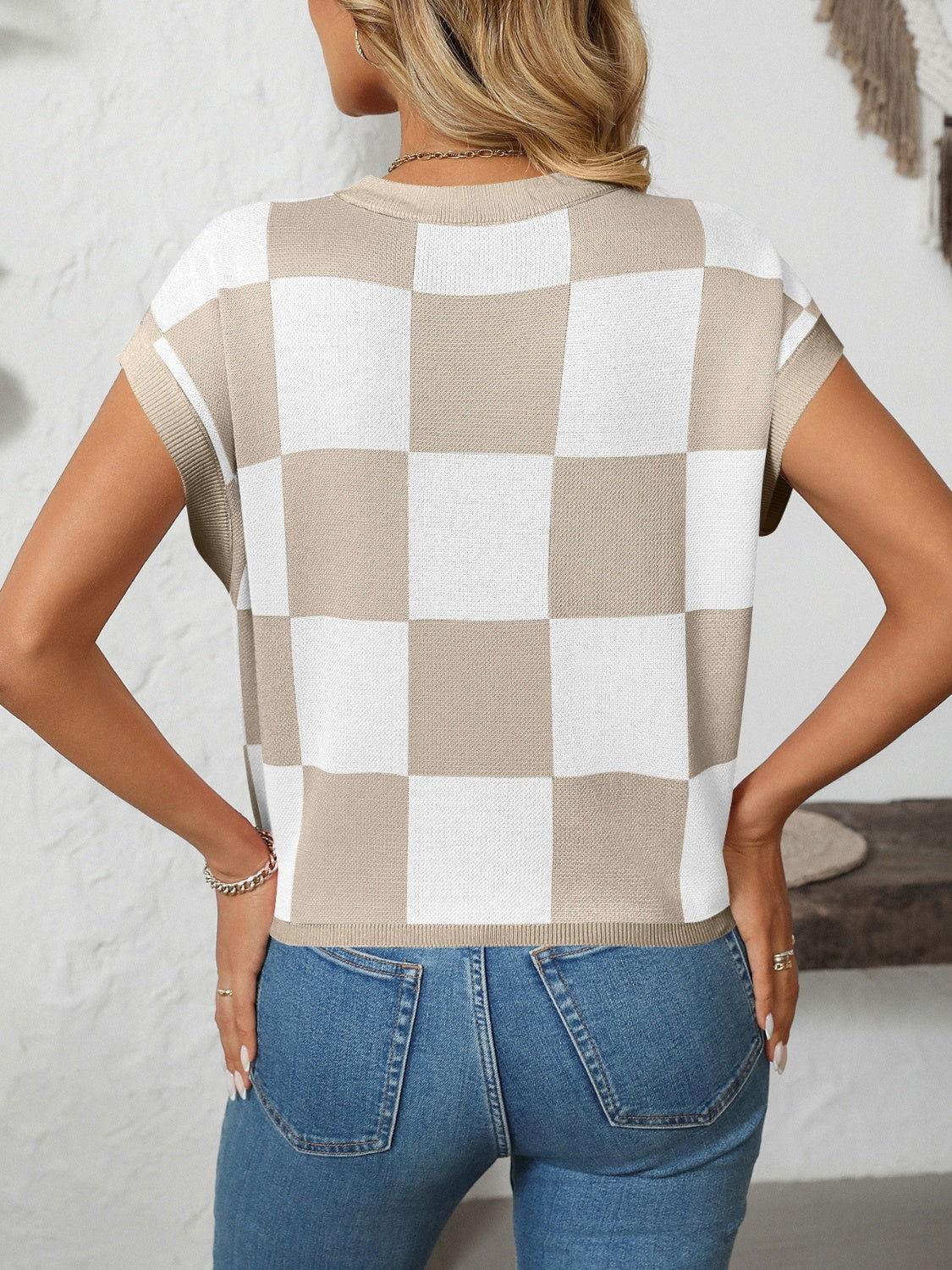 Mandy Checkered Round Neck Cap Sleeve Knit Top - Clothes For Her Online Store