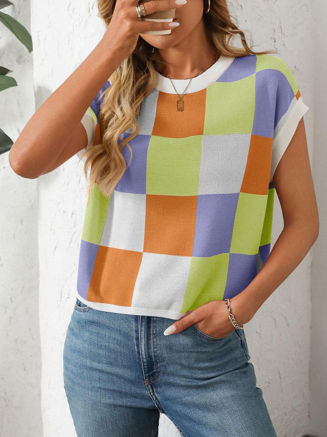 Mandy Checkered Round Neck Cap Sleeve Knit Top - Clothes For Her Online Store