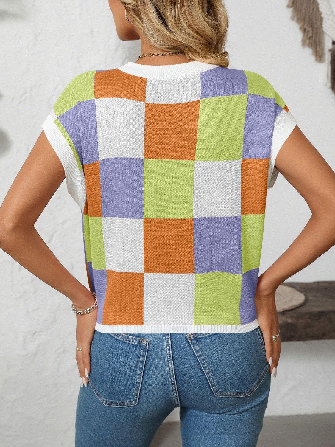 Mandy Checkered Round Neck Cap Sleeve Knit Top - Clothes For Her Online Store