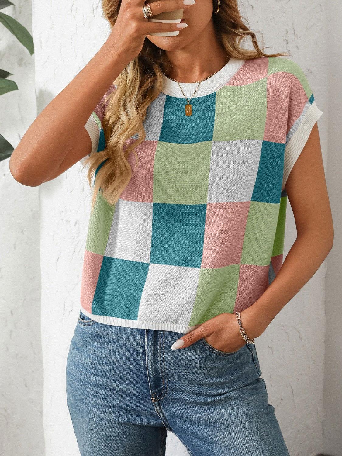 Mandy Checkered Round Neck Cap Sleeve Knit Top - Clothes For Her Online Store