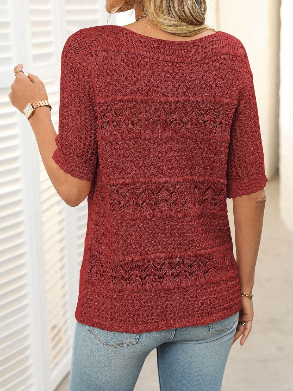 Mandy Openwork Round Neck Half Sleeve Knit Top - Clothes For Her Online Store