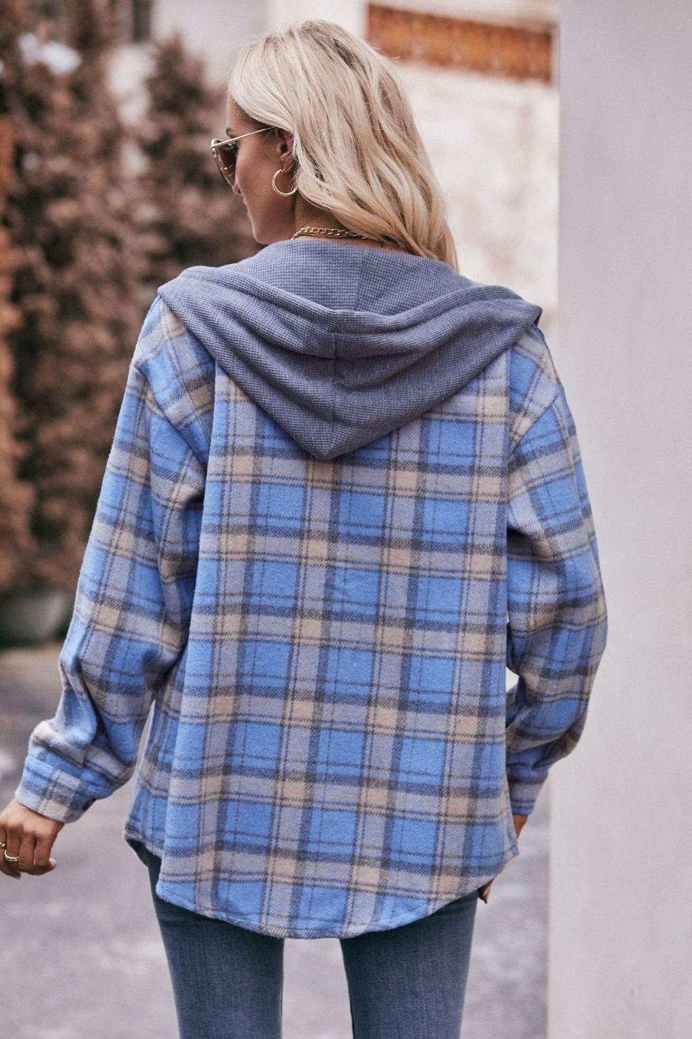 Mandy Plaid Dropped Shoulder Hooded Longline Jacket - Clothes For Her Online Store