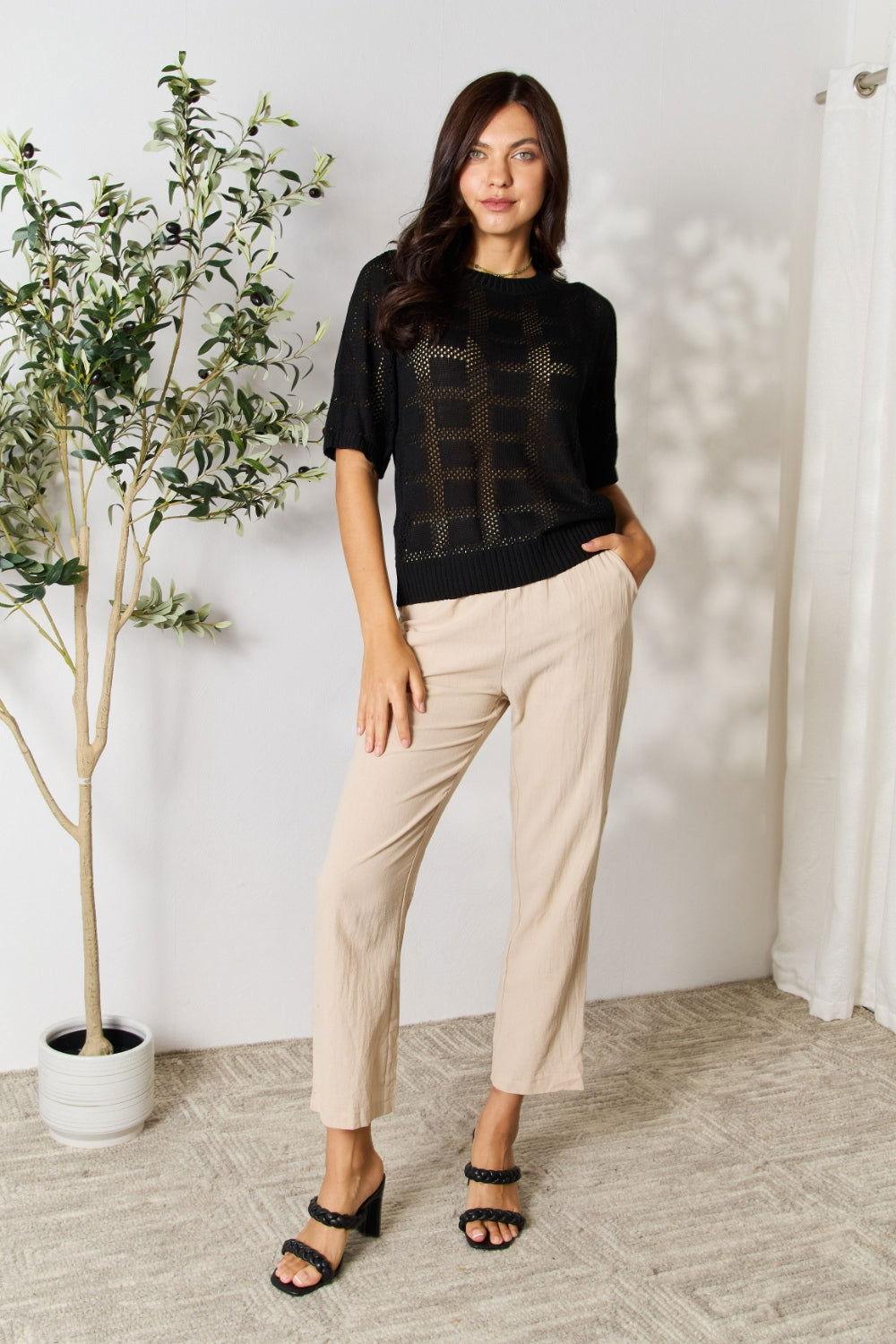 Mandy Ribbed Trim Round Neck Knit Top - Clothes For Her Online Store