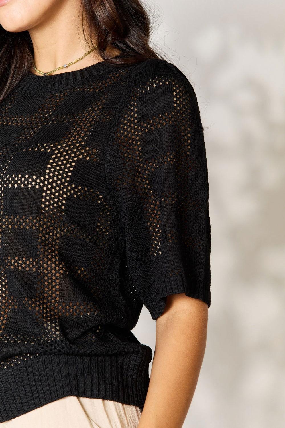 Mandy Ribbed Trim Round Neck Knit Top - Clothes For Her Online Store