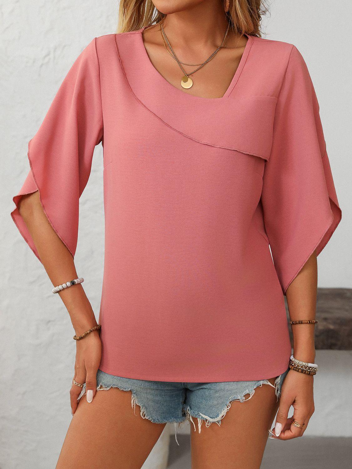 Mandy Ruffled Asymmetrical Neck Half Sleeve Blouse - Clothes For Her Online Store