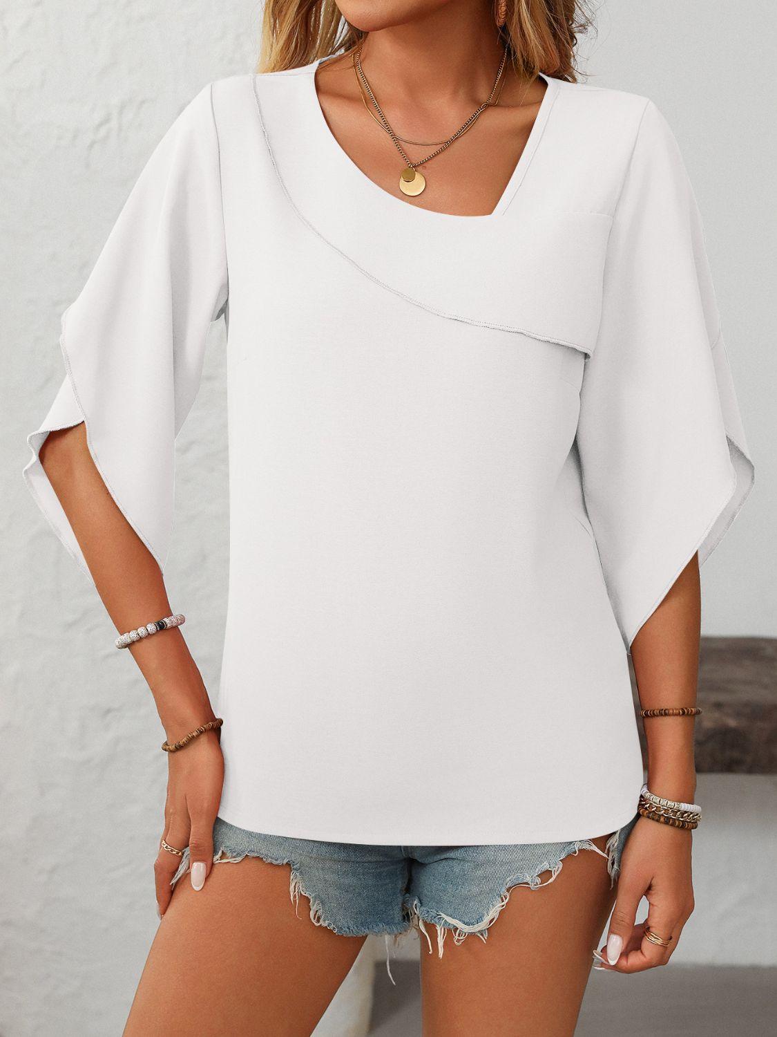Mandy Ruffled Asymmetrical Neck Half Sleeve Blouse - Clothes For Her Online Store
