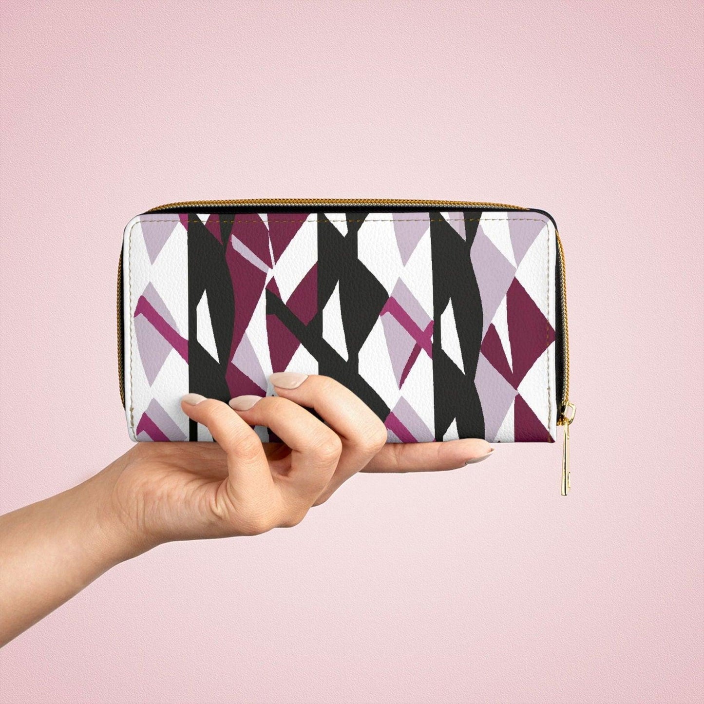 Mauve Pink and Black Geometric Pattern Womens Zipper Wallet Clutch - Clothes For Her Online Store